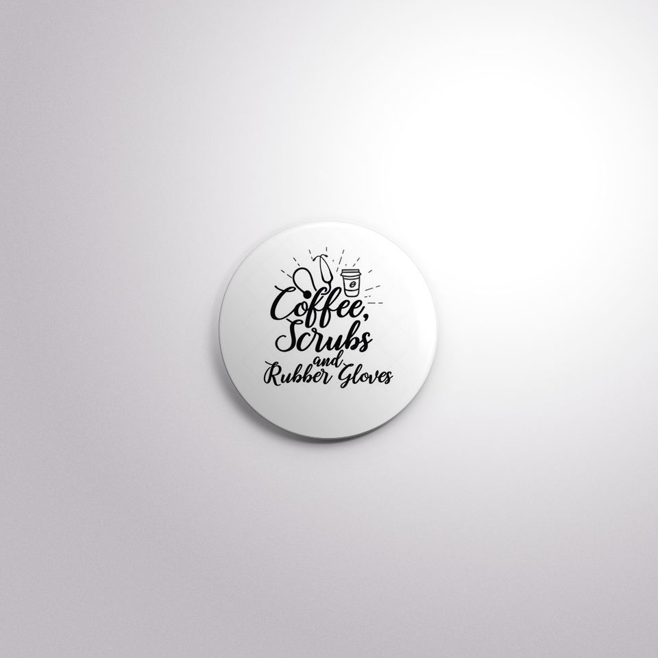 C161 Interchangeable Badge Button Coffee Scrubs and Rubber Gloves